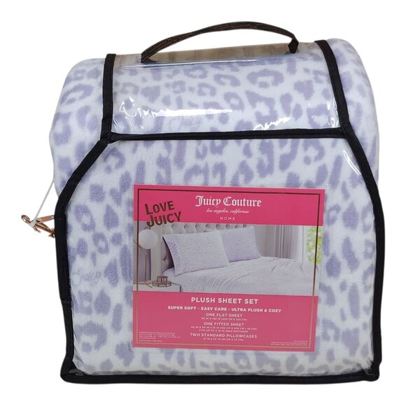 Juicy Couture Queen Plush Sheet Set Ultra Soft Cozy Leopard Print Lavender - Picture 3 of 8